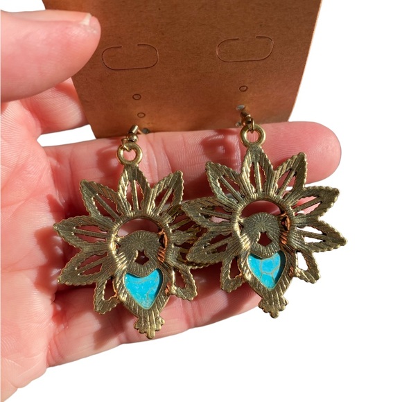 Antique Gold and Turquoise Owl Drop Earrings - Picture 4 of 4